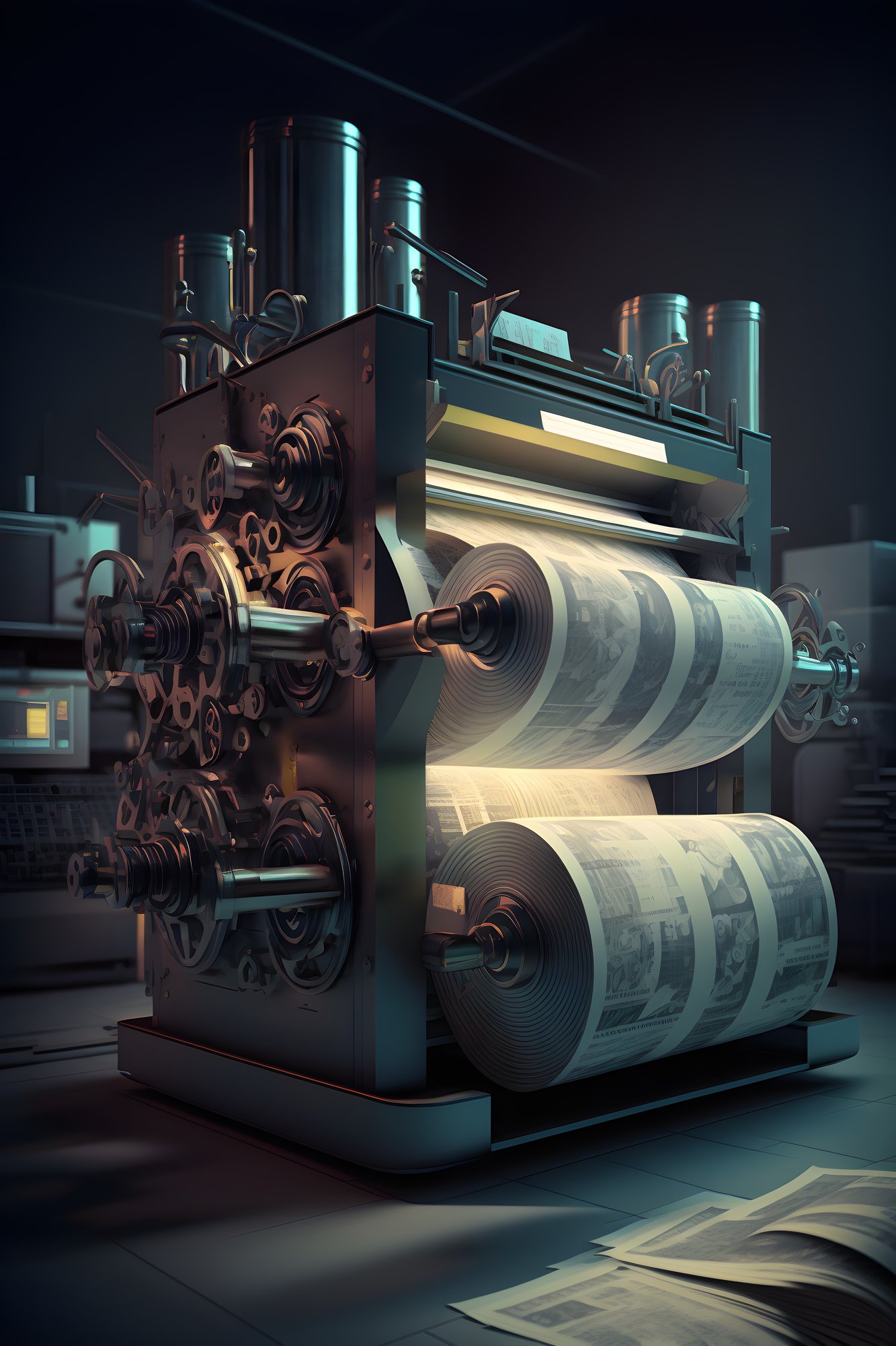an industrial printing press in a manufacturing plant, producing banknotes